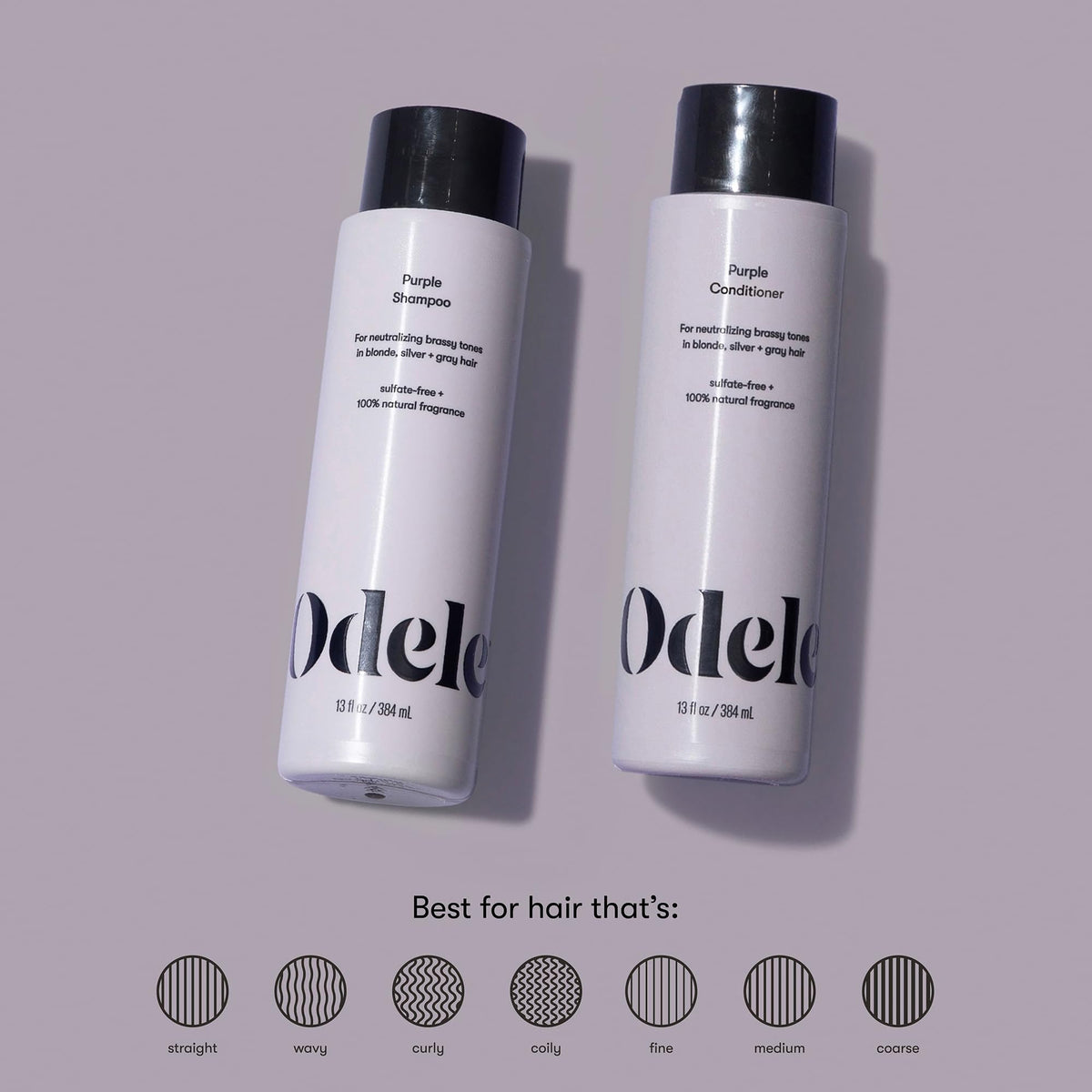 Odele purple shampoo lather on hand demonstrating color deposit and gentle cleanse