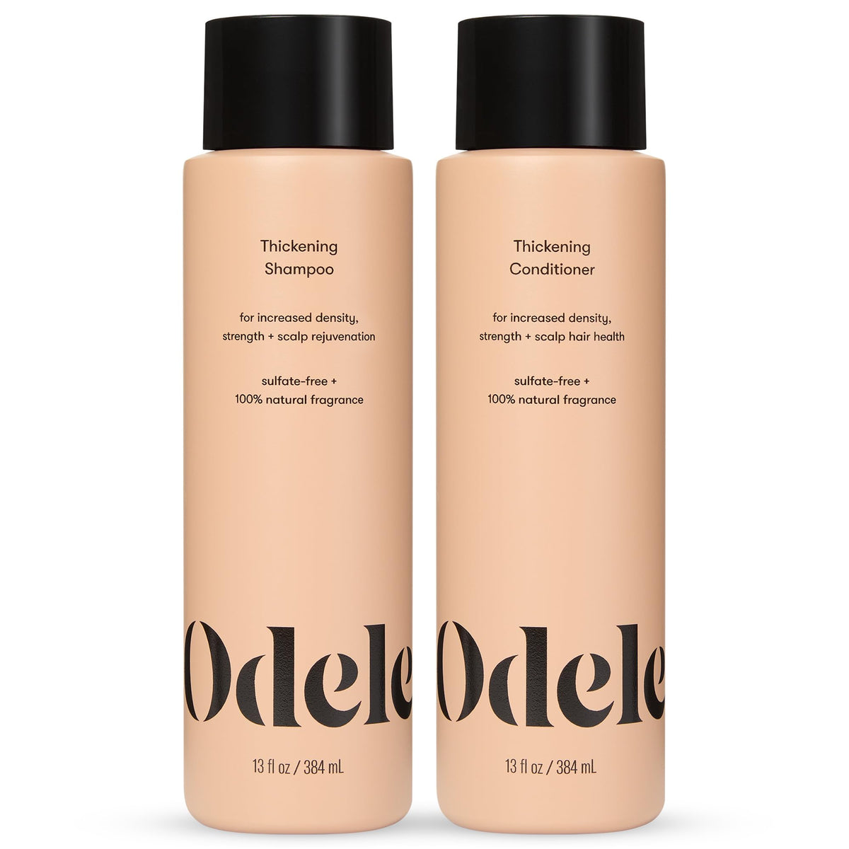 Odele thickening shampoo and conditioner front view showing 13 fl oz bottles and packaging benefits
