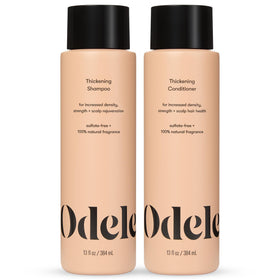 Odele thickening shampoo and conditioner front view showing 13 fl oz bottles and packaging benefits