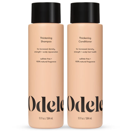 Odele thickening shampoo and conditioner front view showing 13 fl oz bottles and packaging benefits