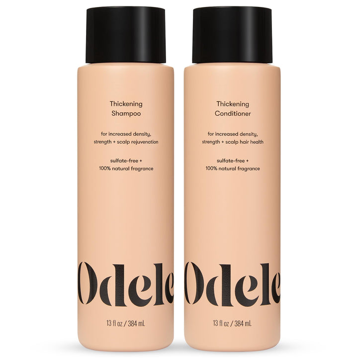 Odele thickening shampoo and conditioner front view showing 13 fl oz bottles and packaging benefits