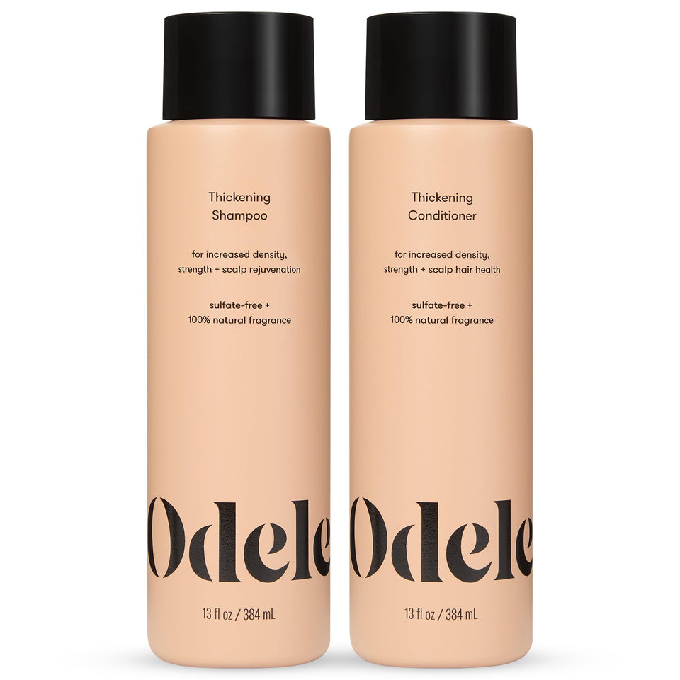 Odele thickening shampoo and conditioner front view showing 13 fl oz bottles and packaging benefits