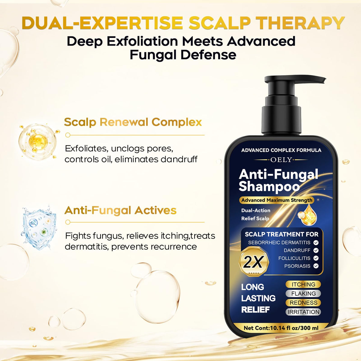 oely shampoo in shower use with hands massaging scalp, promoting itch relief and clean hair