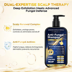 oely shampoo in shower use with hands massaging scalp, promoting itch relief and clean hair