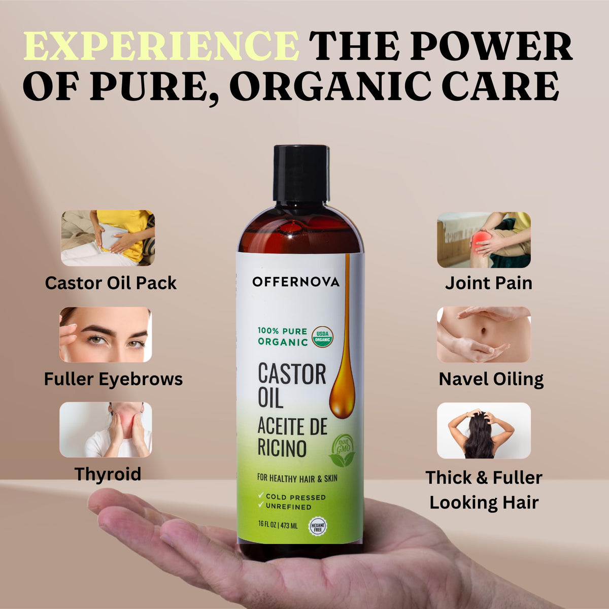 Close-up texture of Offernova castor oil emphasizing silky absorption