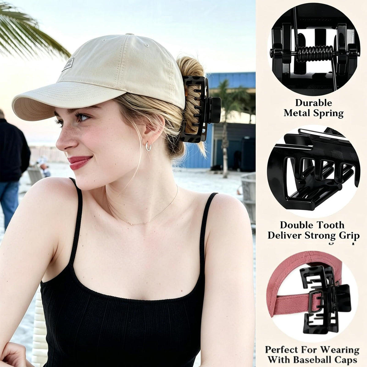 OFIGAS close-up of hollow teeth design, highlights hat-friendly fit and hair protection