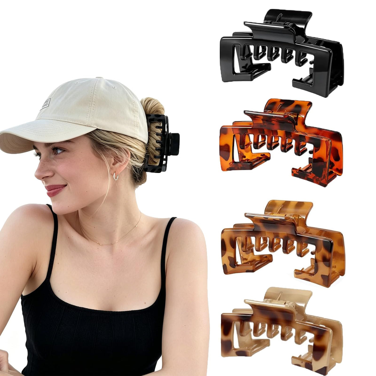 OFIGAS front view of four trucker claw clips, shows durable pack and colors, practical