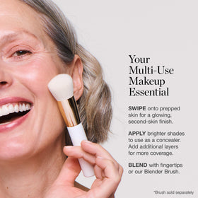 Ogee foundation stick blended by Ogee Blender Brush showing seamless coverage benefit