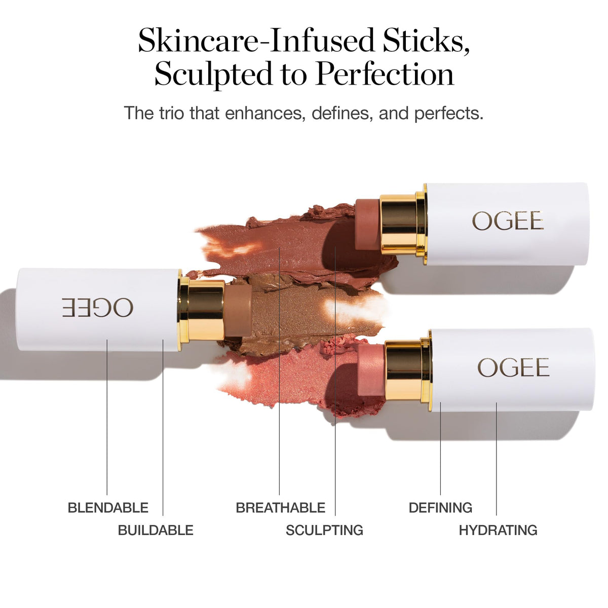 Ogee highlighter stick swipe showing subtle luminous finish