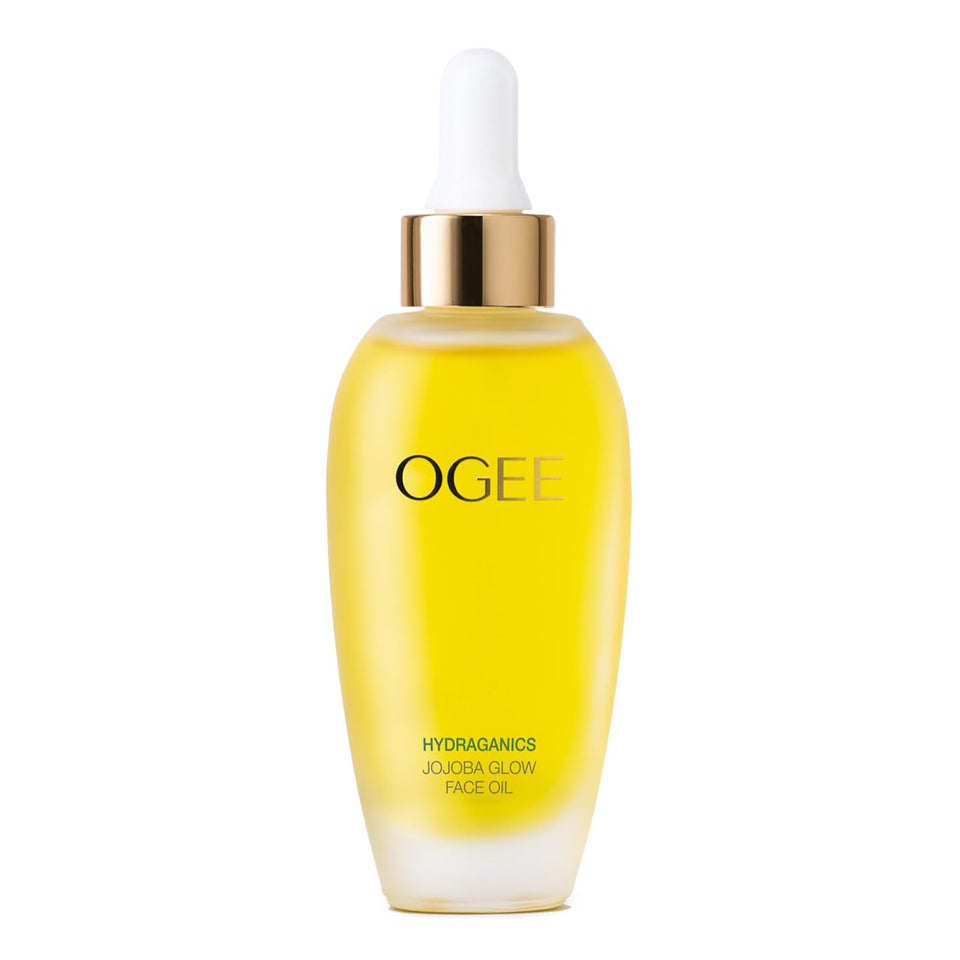 Ogee jojoba glow front bottle showing label and compact 30ml size benefit