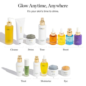 Ogee jojoba glow pump and label close-up showing certified organic clarity benefit