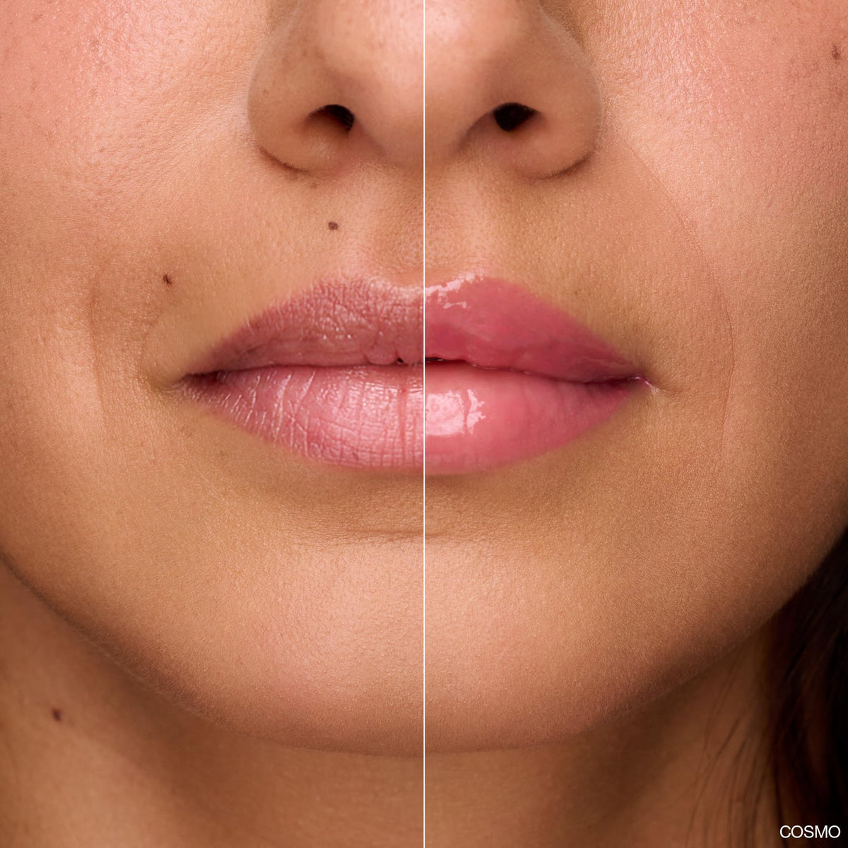 Ogee gloss applied on lips demonstrating plumping, glossy finish