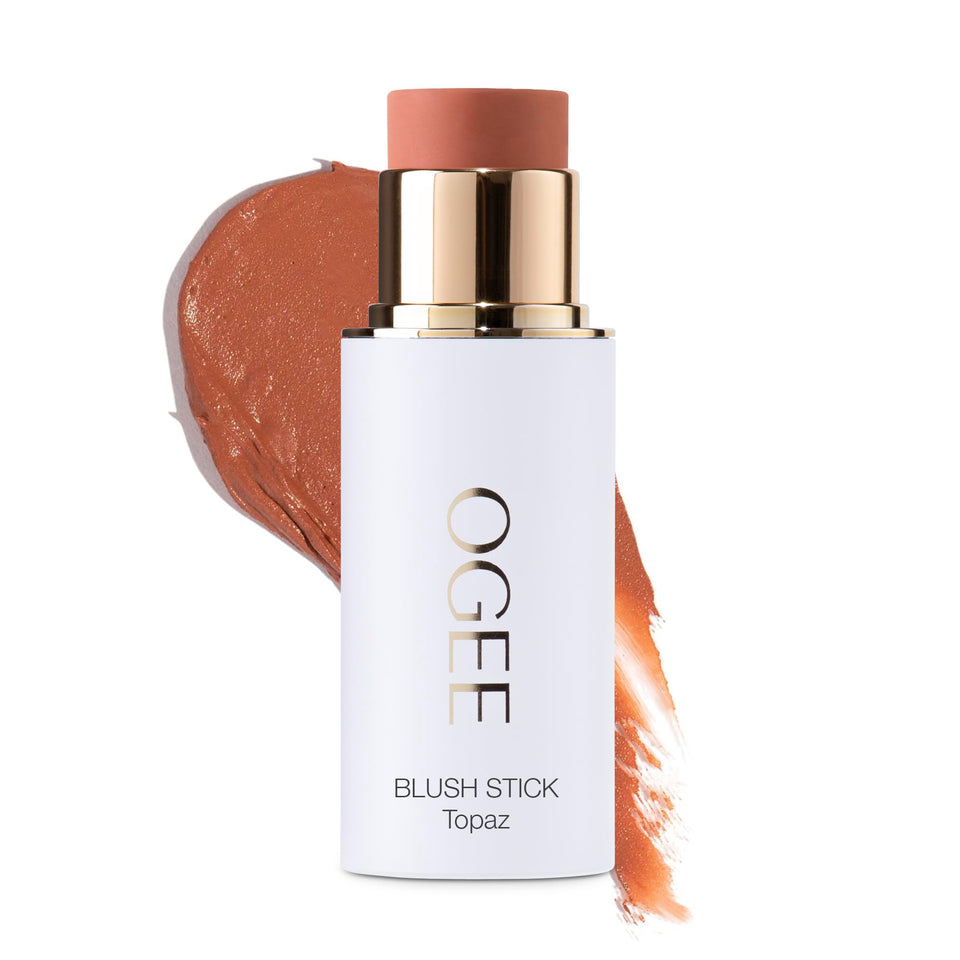 Ogee TOPAZ front packaging showing rosy peach stick and organic certification benefit