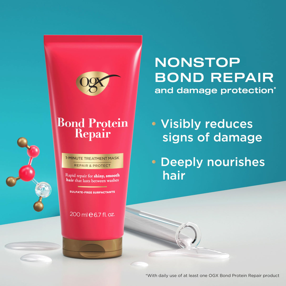 OGX Bond Protein Repair 1-Minute Treatment mask open tub showing creamy texture and quick results