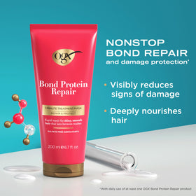 OGX Bond Protein Repair 1-Minute Treatment mask open tub showing creamy texture and quick results