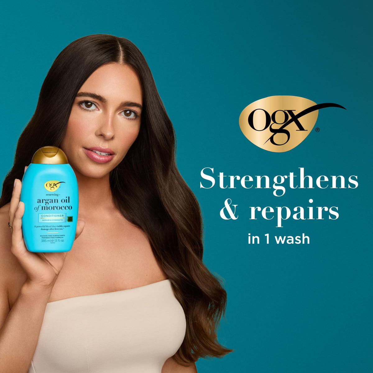 OGX duo on bathroom shelf lifestyle scene promoting everyday routine