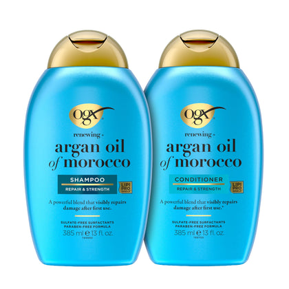 OGX front packaging showing both argan oil shampoo and conditioner benefits