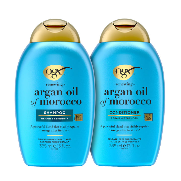 OGX front packaging showing both argan oil shampoo and conditioner benefits