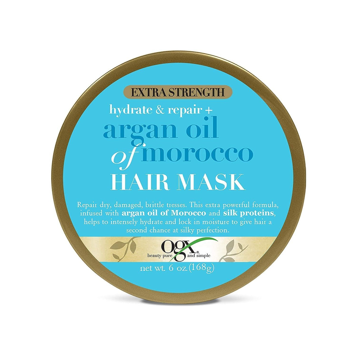 OGX front packaging of argan oil mask showing product jar and branding benefits