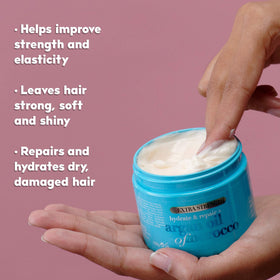 OGX product label close-up showing silk protein and natural ingredient notes