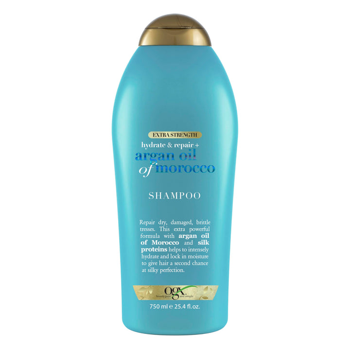 OGX bottle front view showing argan oil shampoo and moisturizing benefit