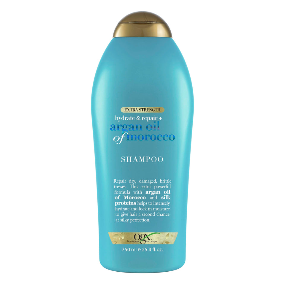 OGX bottle front view showing argan oil shampoo and moisturizing benefit