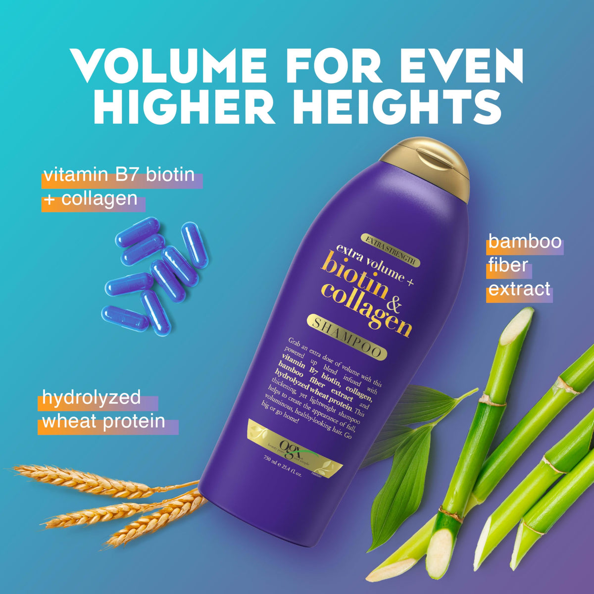 OGX label close-up highlighting biotin collagen and hydrolyzed wheat proteins benefit