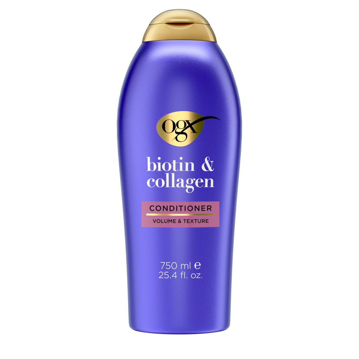 OGX front packaging showing biotin and collagen conditioner and benefit of 72+ hours volume