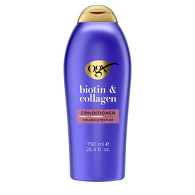 OGX front packaging showing biotin and collagen conditioner and benefit of 72+ hours volume