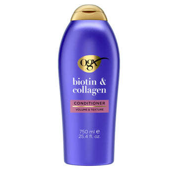 OGX front packaging showing biotin and collagen conditioner and benefit of 72+ hours volume