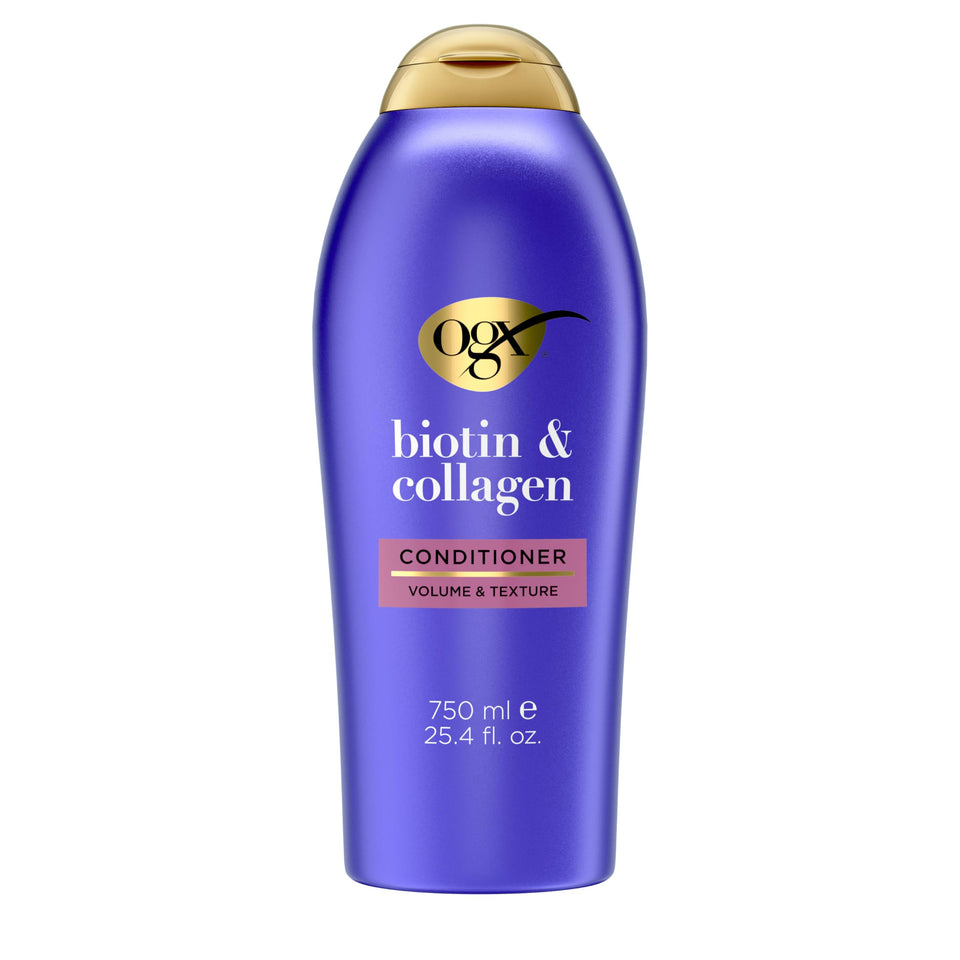 OGX front packaging showing biotin and collagen conditioner and benefit of 72+ hours volume