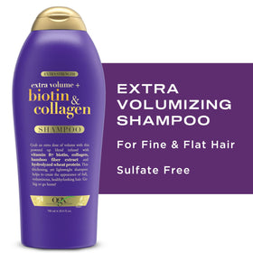 OGX shampoo beside matching conditioner illustrating a complete volumizing routine benefit