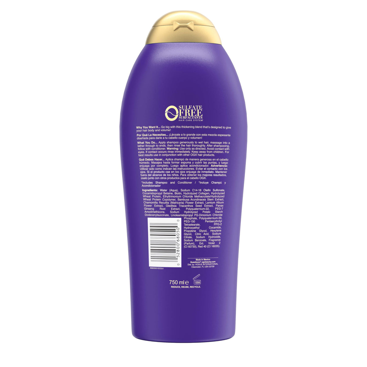 OGX back label close-up showing ingredient list and paraben-free, sulfate-free benefit