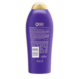 OGX back label close-up showing ingredient list and paraben-free, sulfate-free benefit