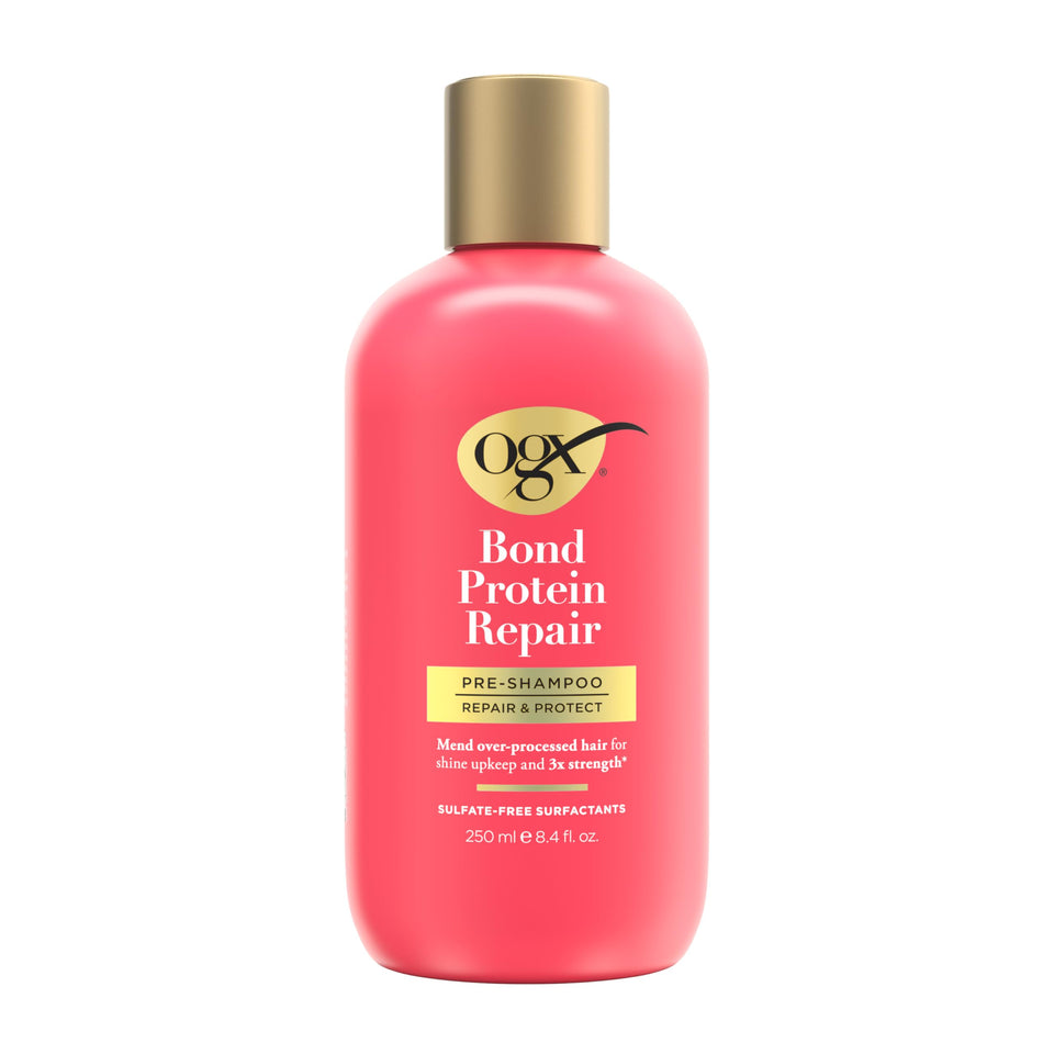 OGX bottle front packaging showing brand and repair benefits for hair restoration