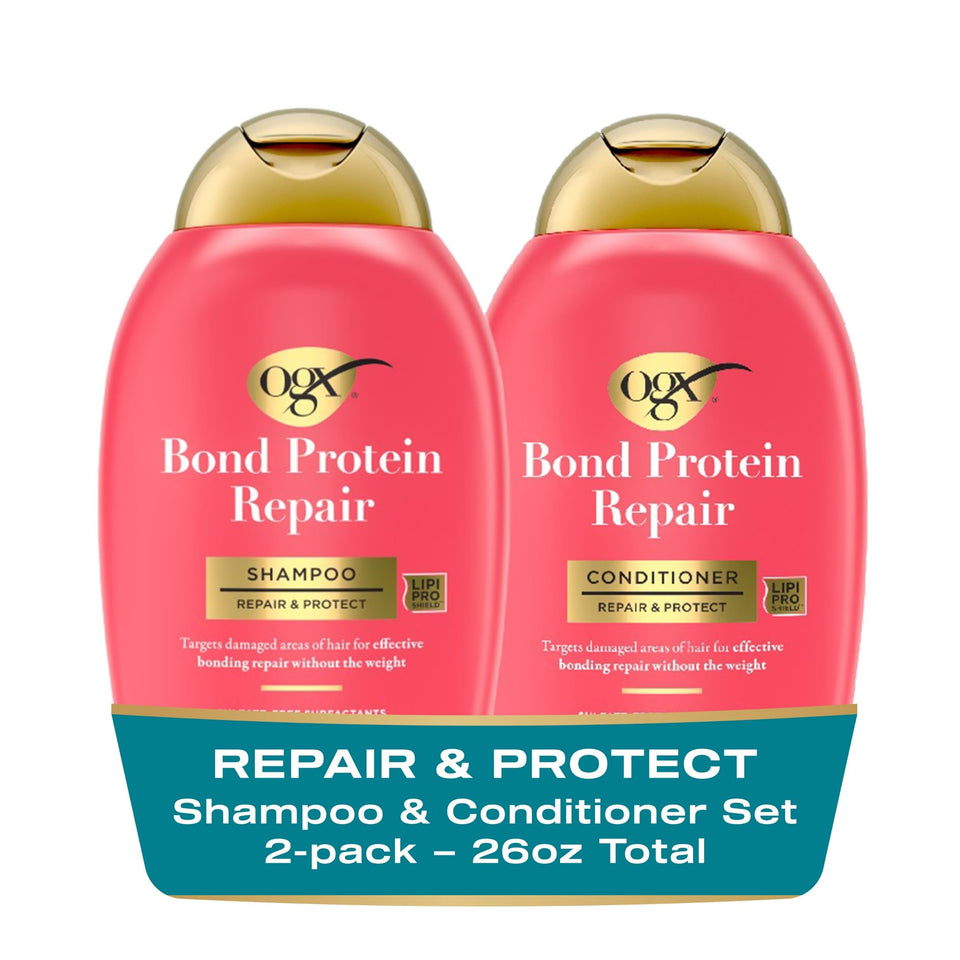 OGX front-packaging showing both 13 fl oz bottles and set benefits
