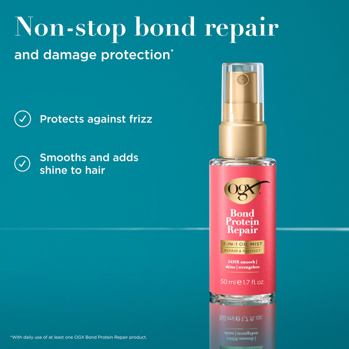 OGX mist being sprayed to demonstrate lightweight application and frizz control