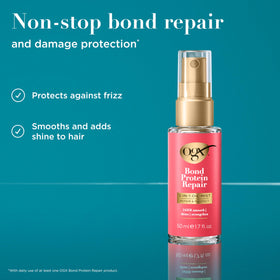 OGX mist being sprayed to demonstrate lightweight application and frizz control