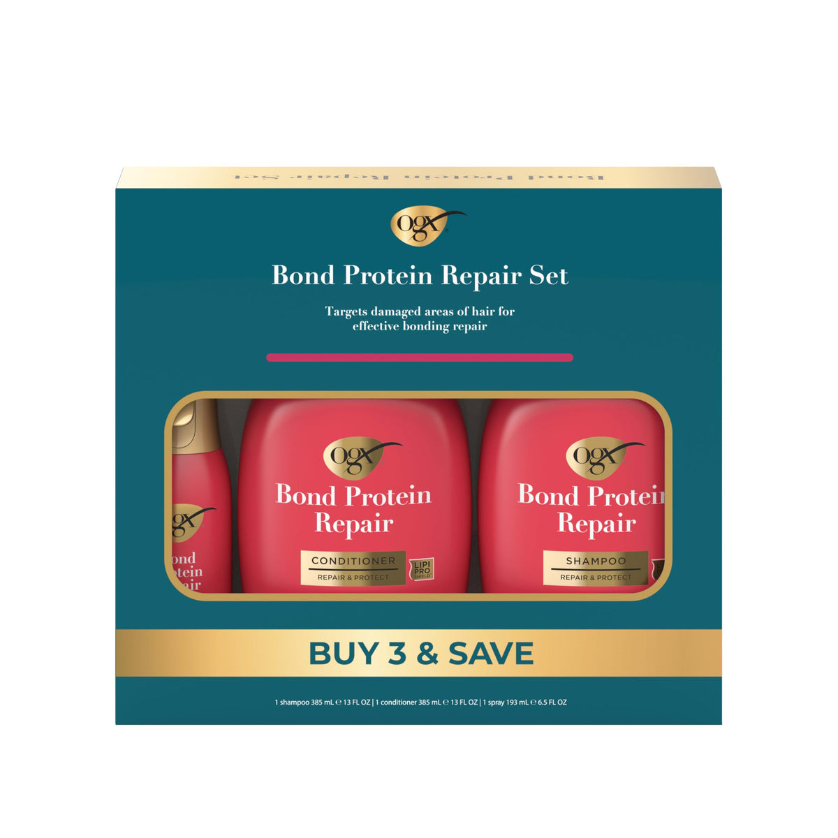 OGX repair & protect set front packaging showing three bottles and benefits