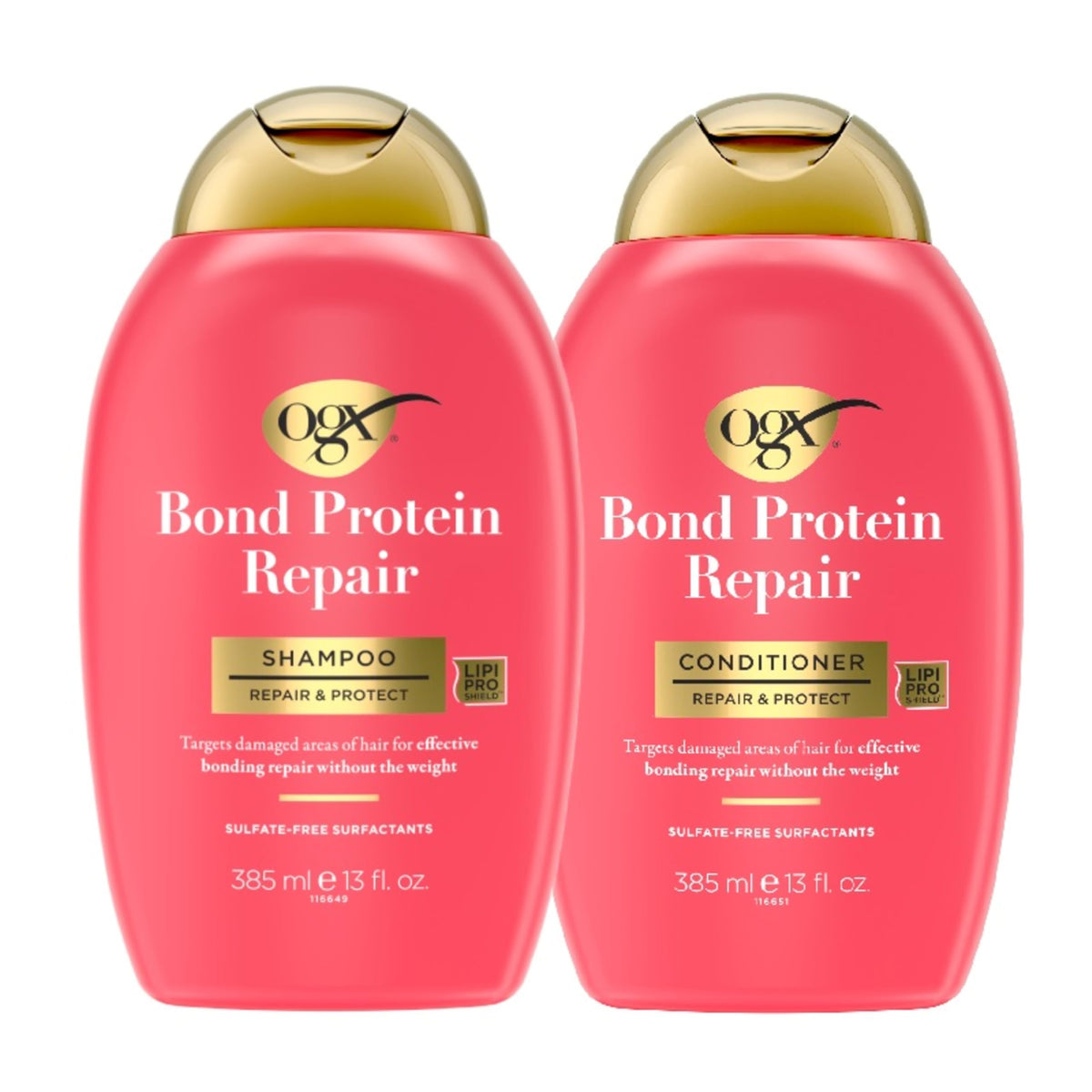OGX bottle close-up label highlighting Bond Complex and sulfate-free benefit