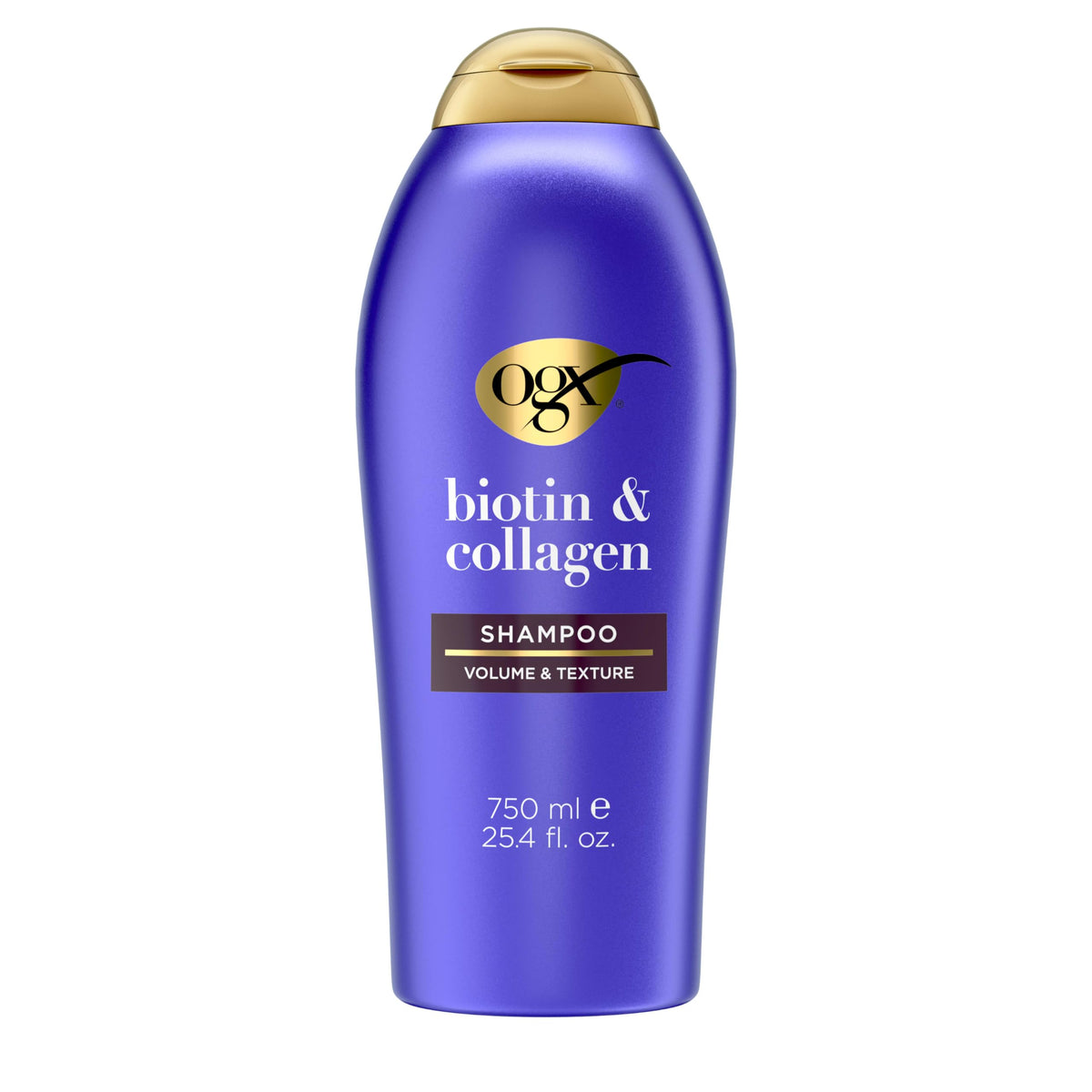 OGX bottle front showing volumizing shampoo and 25.4 fl oz size benefits
