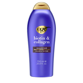 OGX bottle front showing volumizing shampoo and 25.4 fl oz size benefits