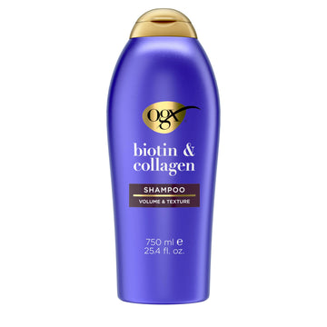 OGX bottle front showing volumizing shampoo and 25.4 fl oz size benefits