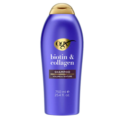 OGX bottle front showing volumizing shampoo and 25.4 fl oz size benefits