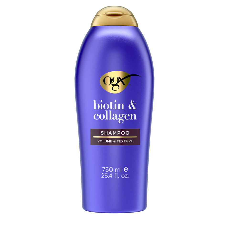 OGX bottle front showing volumizing shampoo and 25.4 fl oz size benefits