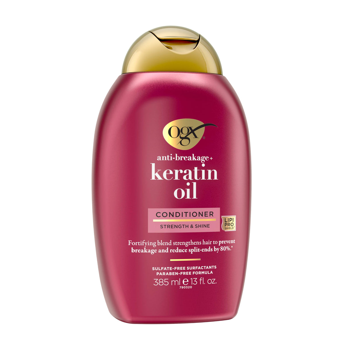 OGX bottle beside argan oil and keratin proteins illustrating nourishing benefit