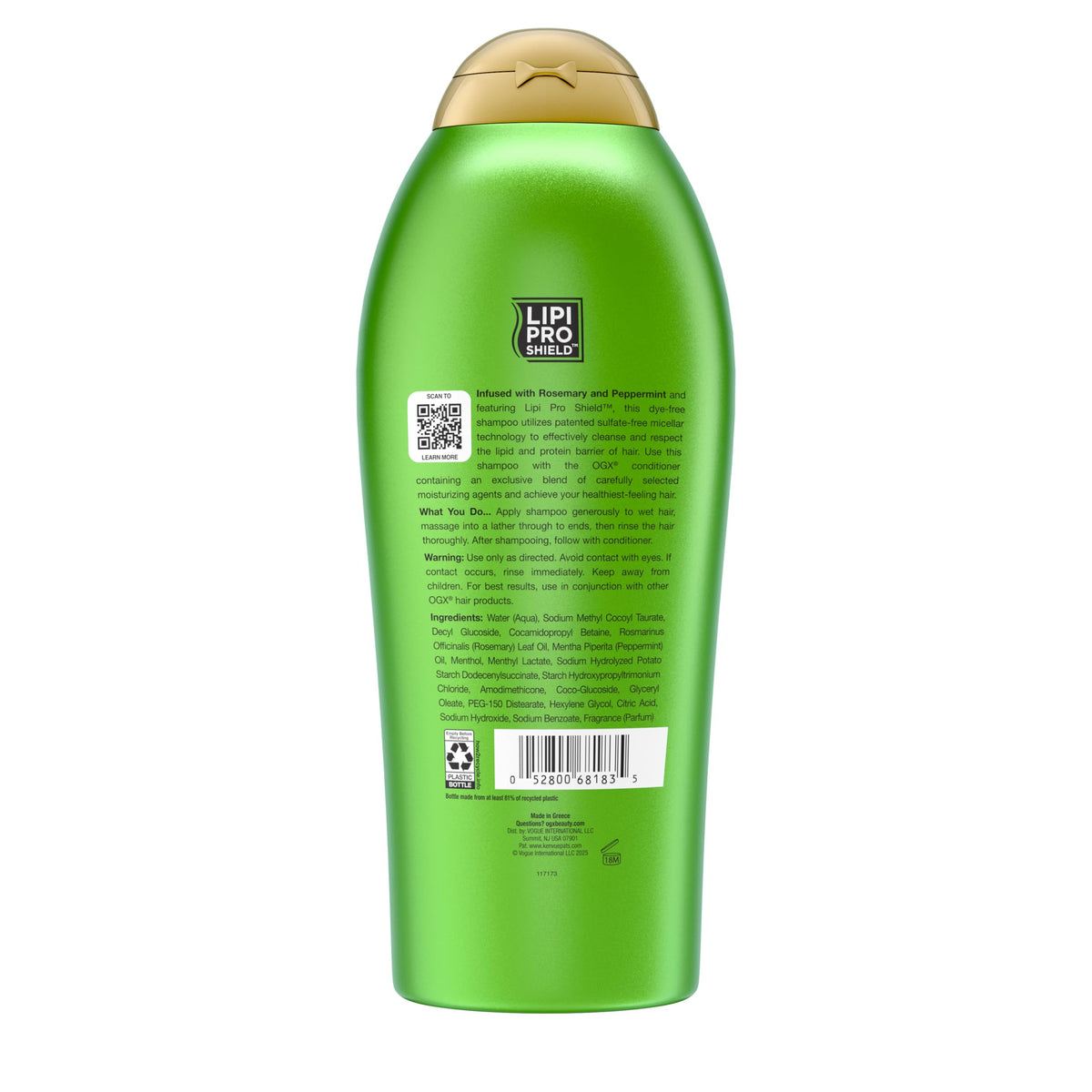 OGX bottle in shower scene, illustrates invigorating peppermint refresh during use