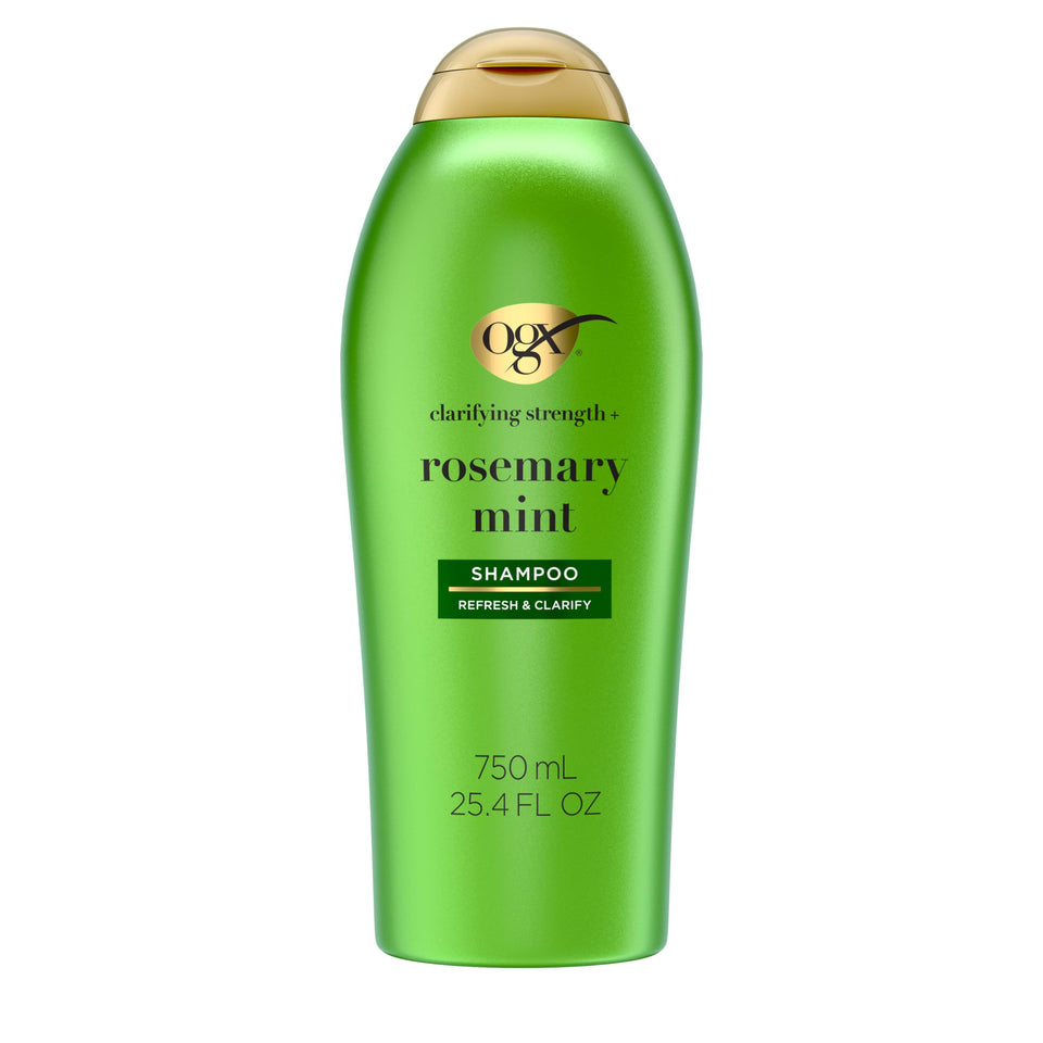 OGX front bottle showing label and size, clarifies buildup for fresher hair