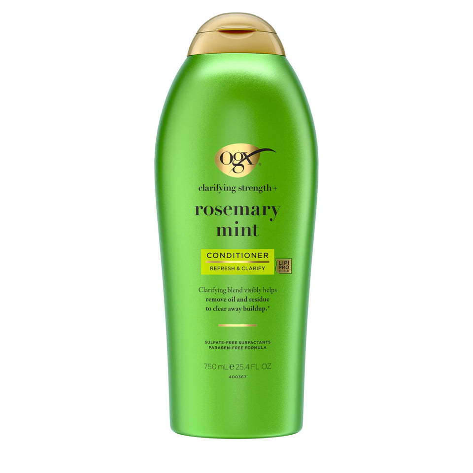 OGX front bottle showing label and 25.4 fl oz size for clear product identification