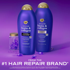 OGX close-up of label highlighting biotin and collagen ingredients and benefits
